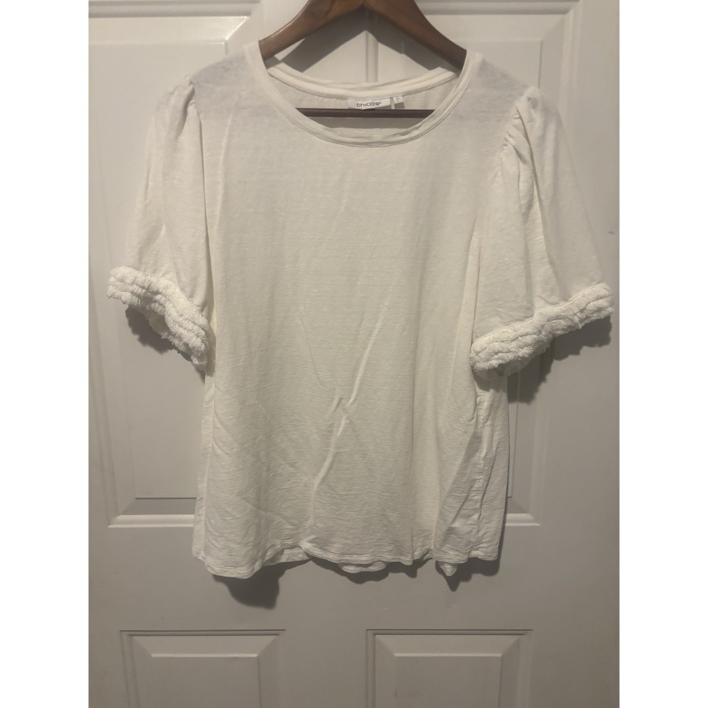 Chico's Top Women's White T-Shirt 2 (12/14) Ruffle Fringe Short Sleeve Large